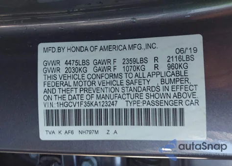2019 Honda Accord Sport z USA, uszkodzony, nr VIN 1HGCV1F35KA123247